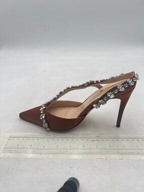 FSJ Brown Slingback Pumps Pointed Toe Crystal High Heels Slip-on Sandals